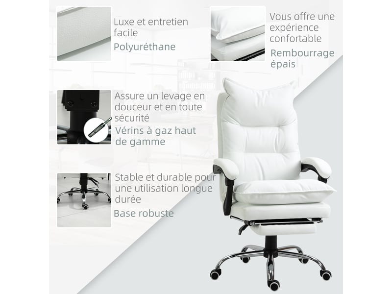  Fauteuil de bureau, chaise bureau ergonomique avec dossier inclinable, 66 x 72 x 130 cm, hauteur réglable, blanc  - Conforama W