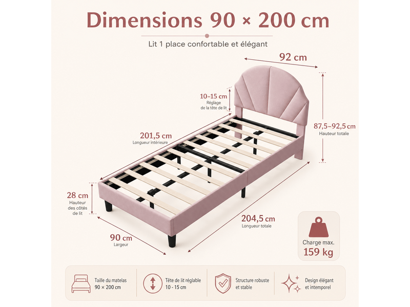 Lit simple enfant 90x200 cm - lit rembourré - tête de lit réglable - 1 personne - lit plat - lit fille 90x200cm en velours - lit rembourre avec sommier à lattes en bois - tête de lit réglable en hauteur - cadre de lit enfant - e… - Conforama R