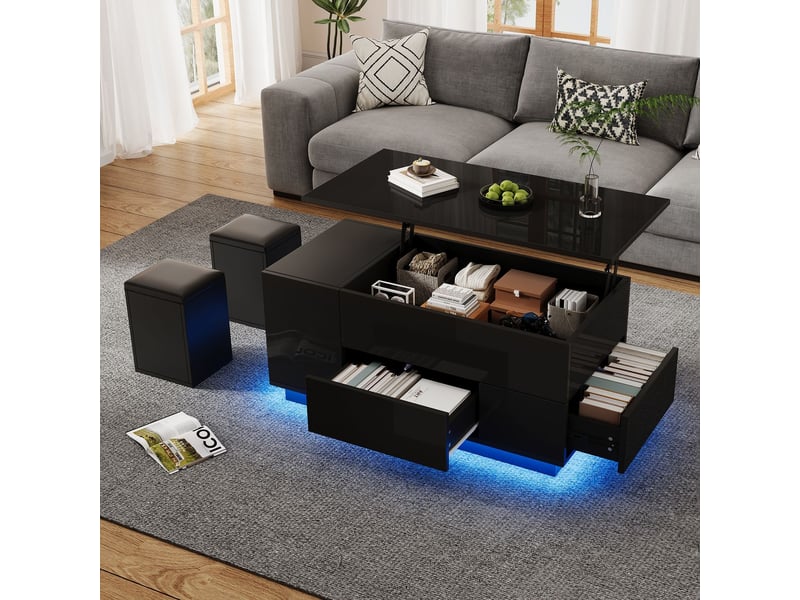 Table basse 100x50x50, 4-en-1 réglable à led avec rangements et tabourets noirs table basse salon - Conforama B
