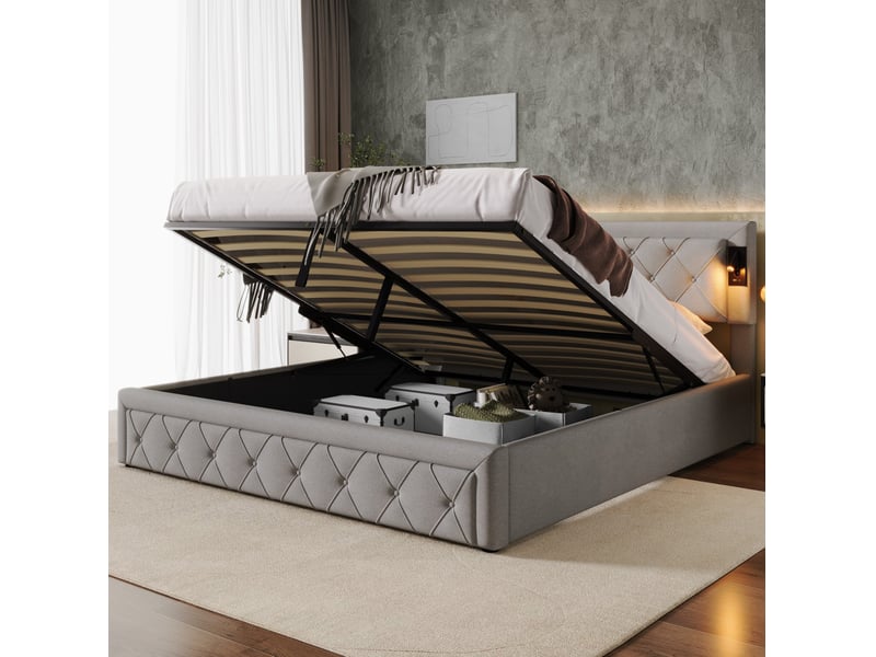  Lit rembourré tcqpz 180 x 200 cm avec rangement, downlight, usb, sommier à lattes, tête de lit à motif losange, lin gris  - Conforama E