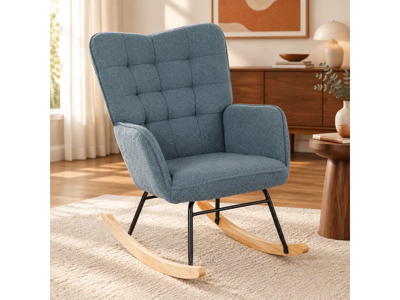  Fauteuil à bascule ulevr rembourré à dossier haut, revêtement bouclette polyester, accoudoirs, base en bois de hêtre, bleu clair, 71 x 98 x 101 cm  - Conforama E