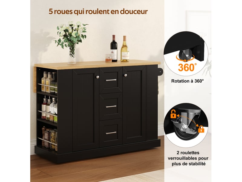  Îlot de cuisine 120x4570x90 cm pliable avec 3 tiroirs noir  - Conforama D