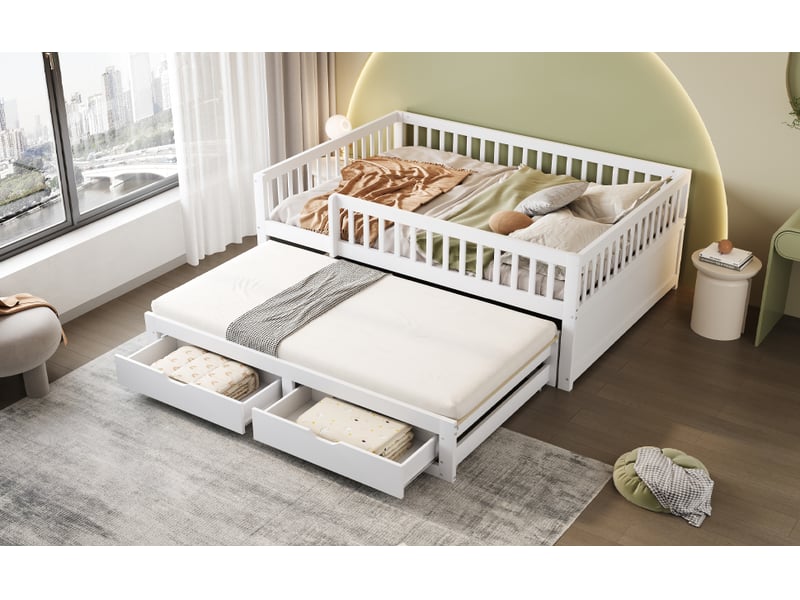  Lit banquette gigogne 140 x 200 cm, couchage gigogne, tiroirs de rangement, sommier à lattes, barrières latérales, pour la chambre, bois massif, blanc ABC - Conforama E