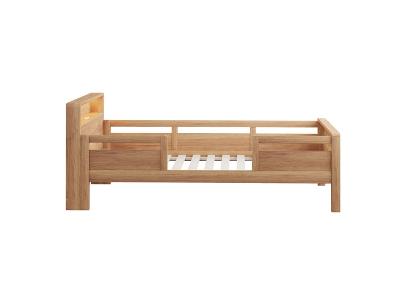  Lit enfant 90x200 en pin avec tête de lit rangement, led et ports usb, barrière de sécurité  - Conforama D