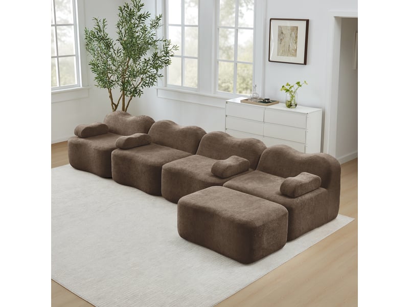  Canapé d'angle modulaire 4 places sans cadre avec ottoman et assise extra profonde, en velours brun  - Conforama C