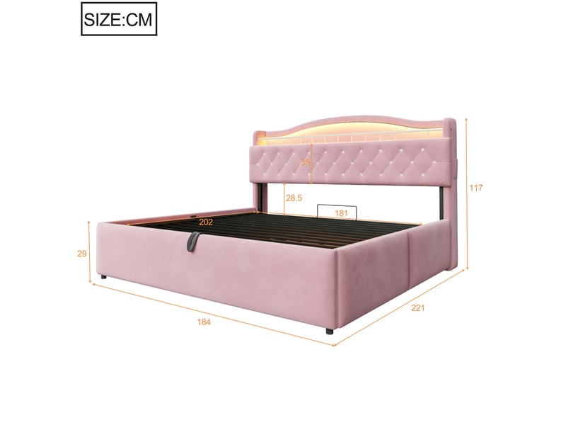 Lit coffre 180x200 cm led usb usb-c, tête de lit rangements, velours et métal, rose sans matelas - Conforama C