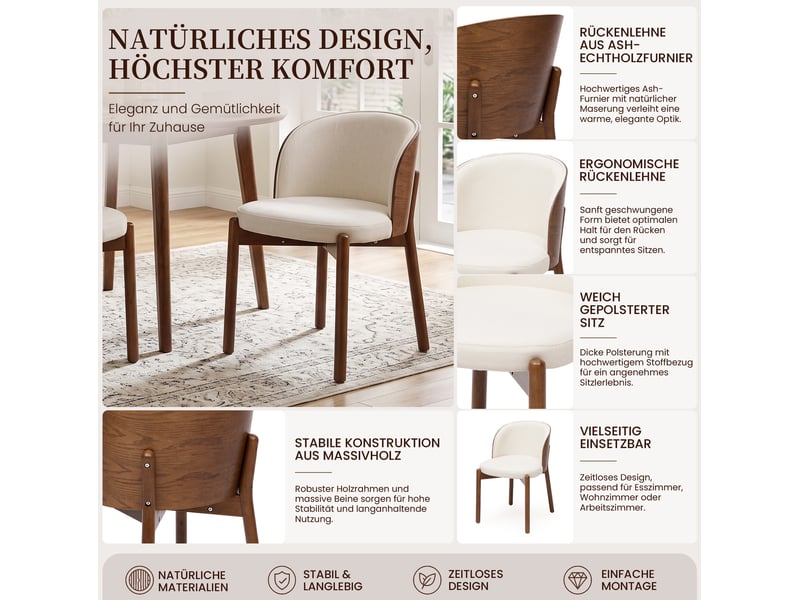 Lot de 4 chaises de salle à manger en tissu, bois foncé, style moderne, dossier enveloppant - Conforama D
