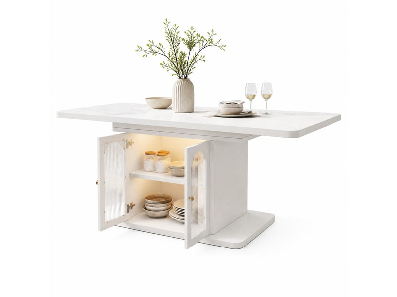  Table à manger extensible 150 à 200 cm, rangement led, blanche effet marbre  - Conforama A