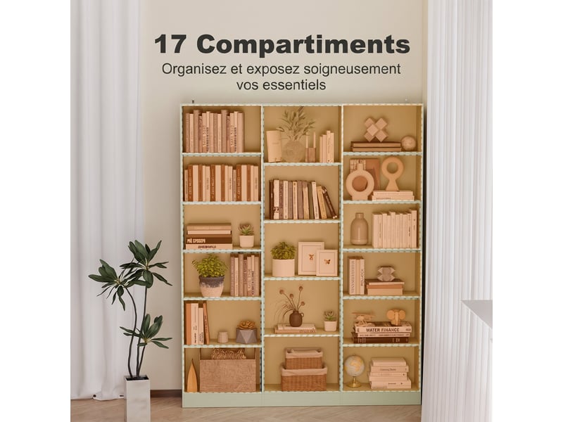  Bibliothèque 6 niveaux 17 compartiments 149 x 23,6 x 188 cm vert  - Conforama D