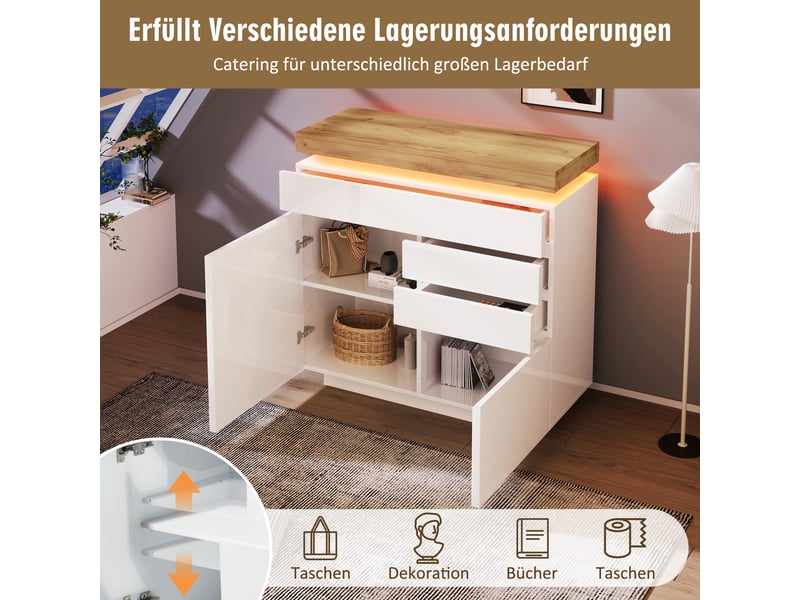  Commode 2 portes et 3 tiroirs avec led brillant blanc 110 x 39 x 115 cm  - Conforama D