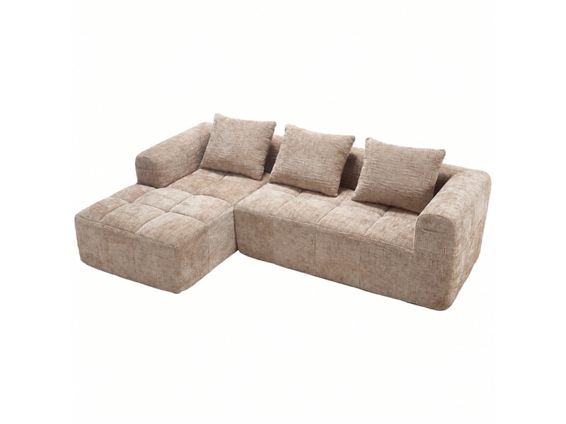  Canapé d’angle 3 places avec méridienne, modulable en chenille, poches latérales et 3 coussins lavables, kaki  - Conforama A