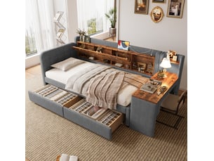 Lit banquette 90x200 cm – 2 tiroirs, bureau et usb – grislin