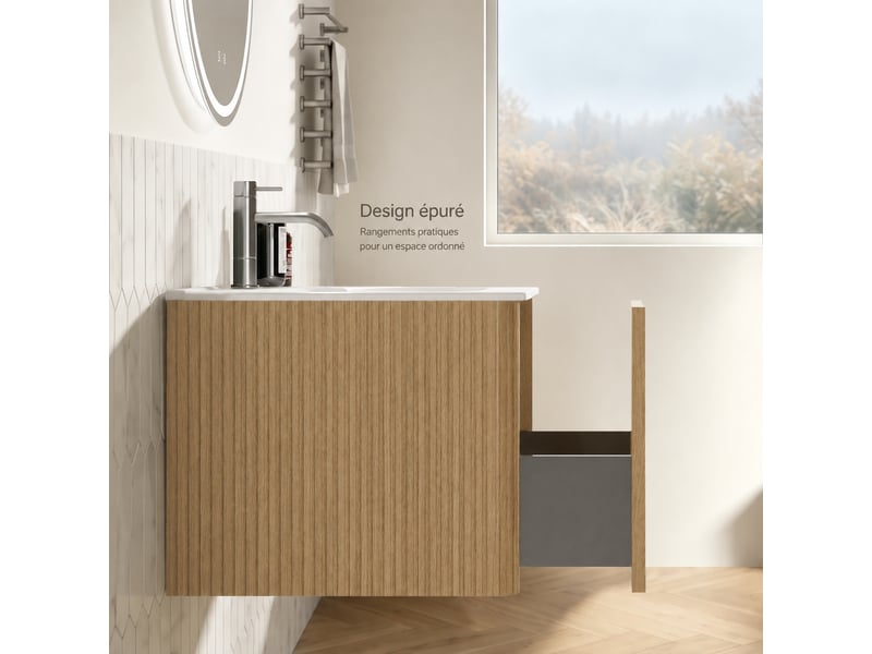  Ensemble meuble vasque suspendu 80 cm avec miroir rond led, finition chêne  - Conforama D