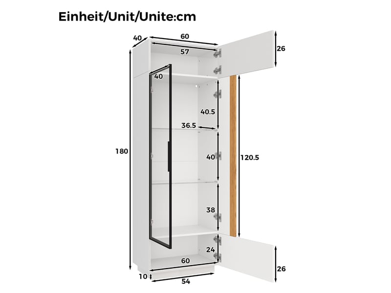  Vitrine haute 60x40x180 cm, éclairage led, commande par application, portes vitrées, grand rangement pour salon et séjour - blanc  - Conforama C