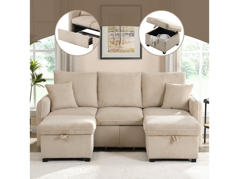  Canapé d’angle en u 3 places 188x186x86 cm convertible avec tiroirs, pouf coffre, modules séparables, chenille, beige Sol Morn - Conforama D