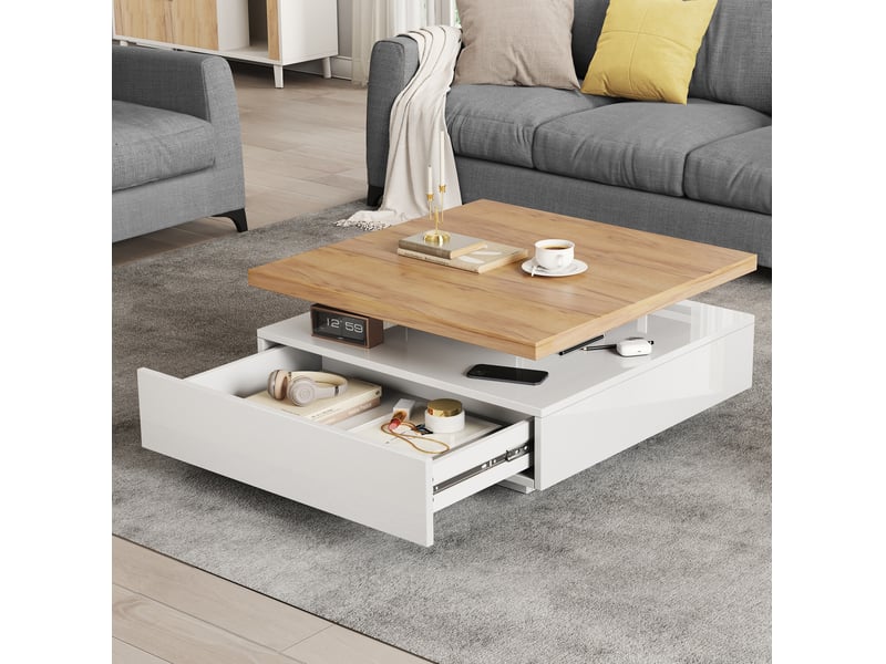  Table basse carrée pivotante 360° – blanc brillant et décor noyer – 70 x 70 x 36 cm  - Conforama C