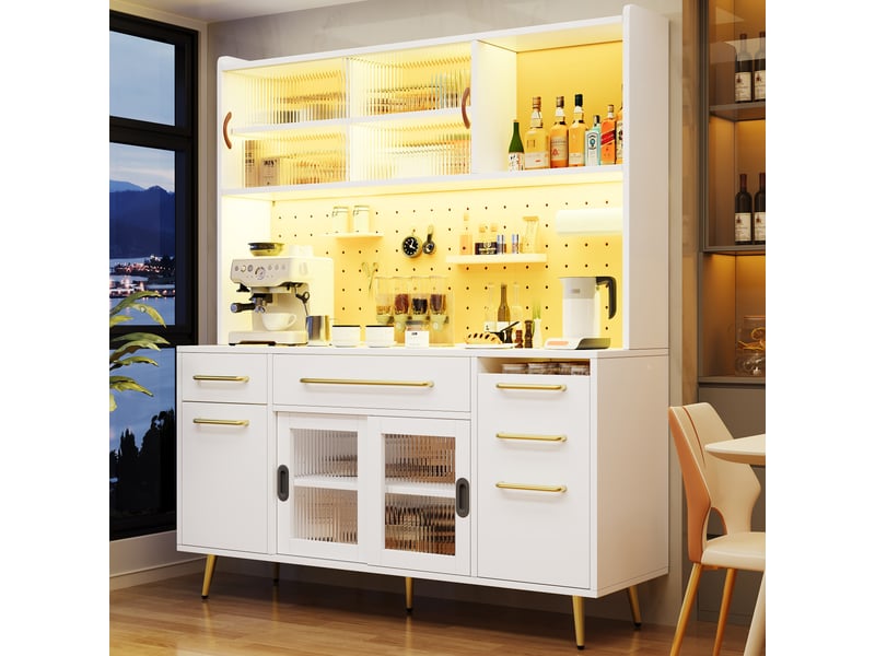 Buffet haut led avec pegboard, 2 tiroirs et portes coulissantes, 145x39x171 cm, mdfverre, blanc  - Conforama W