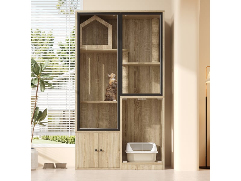  Grand meuble pour félins 90x50x160 cm – naturel – portes en verre trempé, 4 niveaux et griffoir intégré  - Conforama B