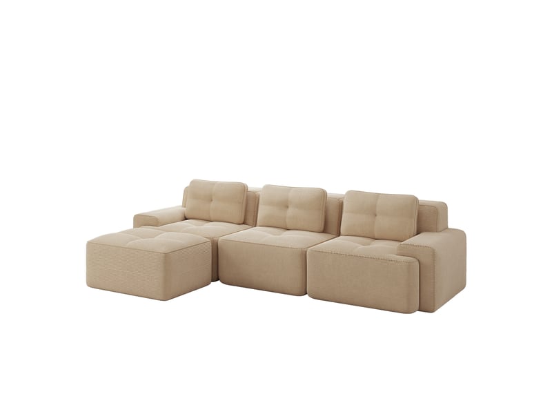  Canapé d'angle modulable 3 places avec ottoman en velours côtelé beige  - Conforama A