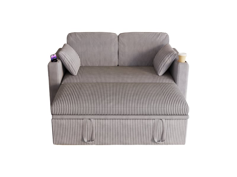  Canapé convertible 2 places 145 x 72 x 85,5 cm gris en velours côtelé, dossier réglable et chargeur usb  - Conforama D