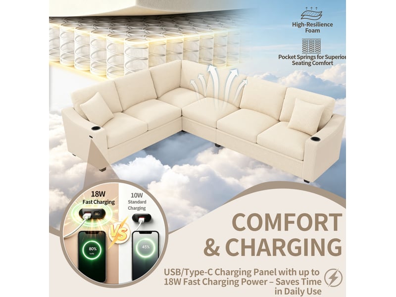  Canapé d'angle modulable 6 places 277x215x85 cm avec usb-c coloris beige  - Conforama D
