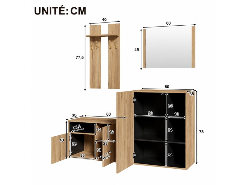  Ensemble vestiaire 4 pièces avec miroir, meuble à chaussures et banc, noir et bois, 120 cm  - Conforama C