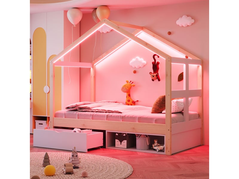  Lit enfant 90x190, structure bois lit combine enfant, tiroirs coulissants, petit meuble chaussures, led multicolore  - Conforama B