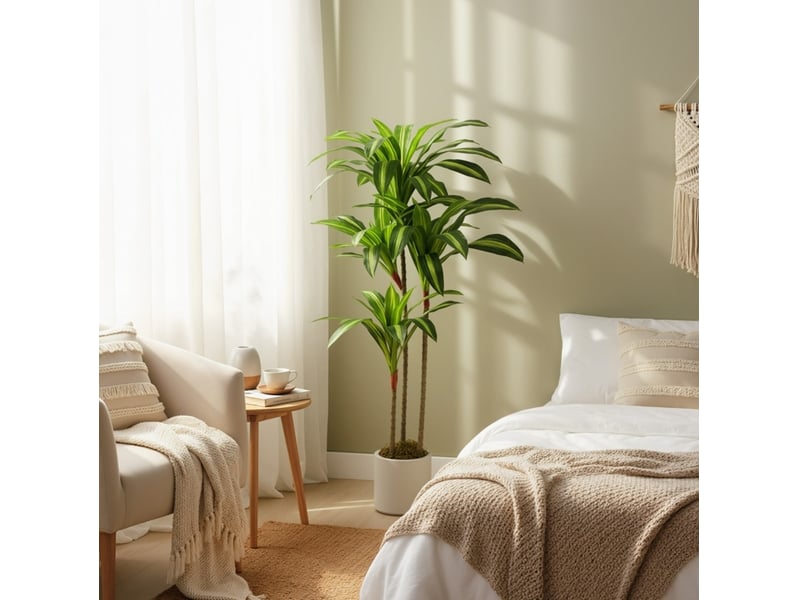 Plante artificielle dracaena 120 cm – vert – feuilles peva, tiges flexibles et pot blanc lesté stable - Conforama B
