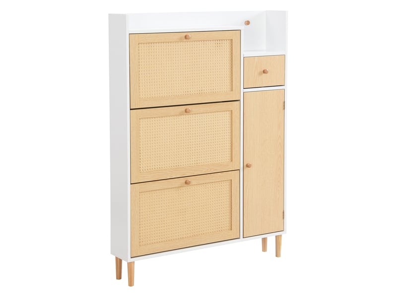  Meuble à chaussures en rotin 90x17x125 cm, 3 abattants, 1 tiroir et pieds en bois massif  - Conforama D