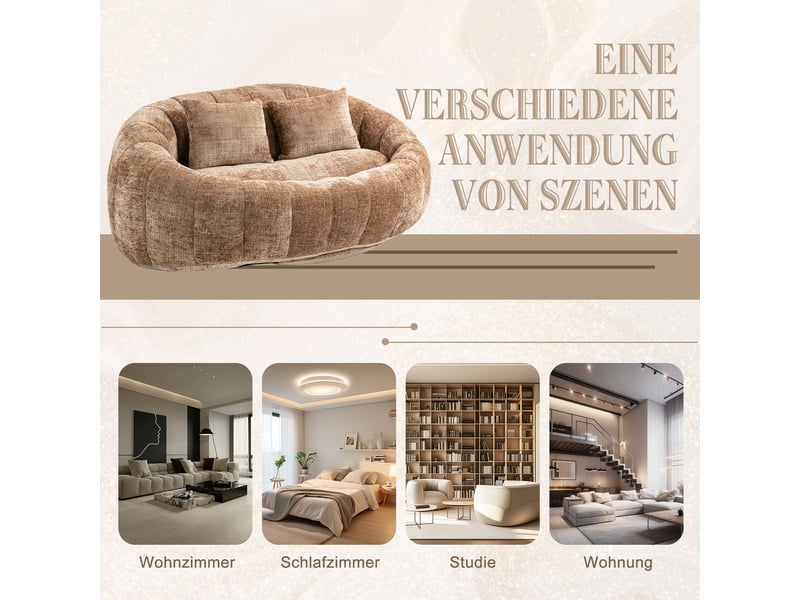 Canapé pouf géant adulte 2 places, fauteuil de sol en tissu chenille avec mousse haute densité, marron café, 150x95x63cm - Conforama E