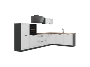 Vicco cuisine en angle, blanc campagneanthracite, 347 x cm plan de travail chêne doré