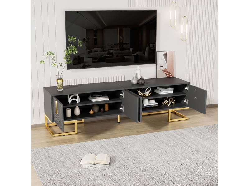  Meuble tv gris noir 170 cm pour écran 70-79 pouces avec 4 portes et pieds dorés  - Conforama B