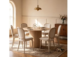 Table à manger ronde en bois clair 120 cm, 4 à 6 places, piètement cylindrique, style moderne et minimaliste