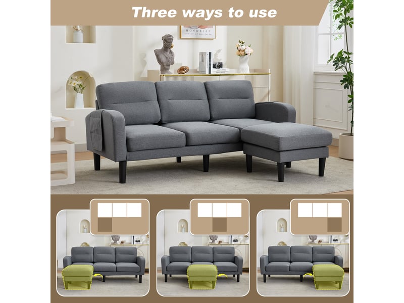  Canapé d'angle en l gris, 3 places avec méridienne confortable, canapé modulable en tissu avec poches de rangement pour salon, 204x136x80 cm  - Conforama D