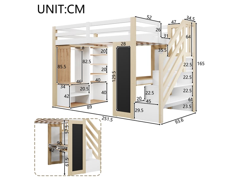  Lit mezzanine 90x200 avec bureau, rangements et armoire evryae  - Conforama E