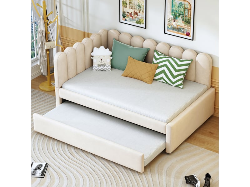  Lit banquette gigogne 140 x 200 cm, couchage gigogne, dossier en pétales, dossier en l, sommier à lattes, pour la chambre, velours, beige ABC - Conforama E