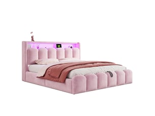 Lit coffre 180x200 cm, lit rembourré, led usb type-c, rangement hydraulique, design pétale, velours rose, sans matelas