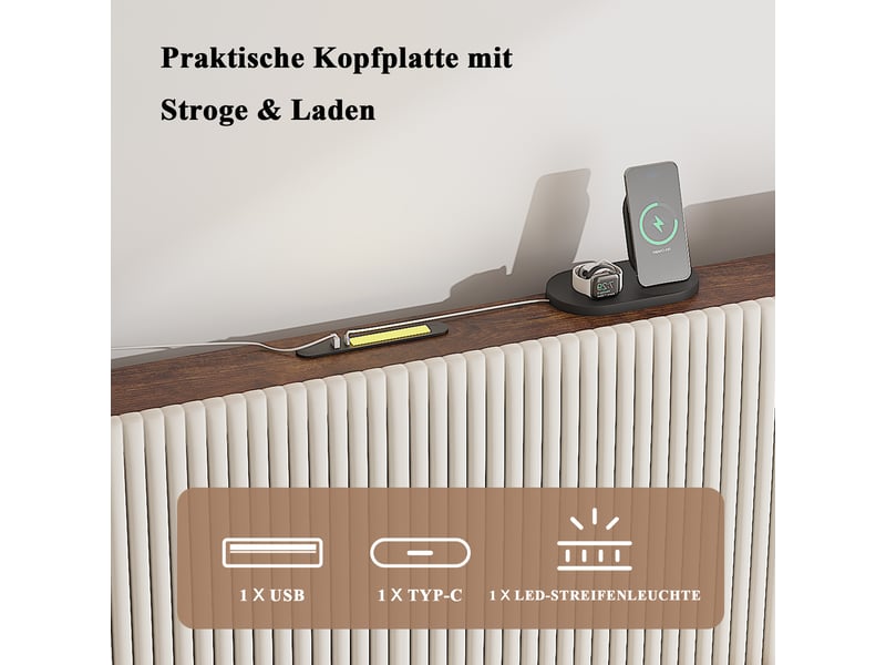  Lit double 180x200 cm avec sommier à lattes, lit double rembourré avec tête de lit en tissu, blanc, lit 2 personnes  - Conforama W