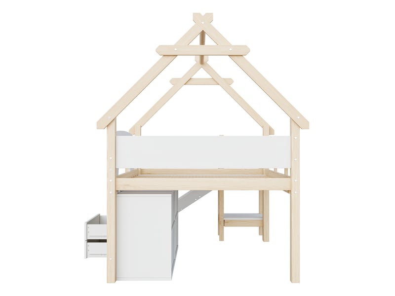 Lit mezzanine enfant 90 × 200 cm 1 place avec toboggan, rangements et barrières, sans matelas, naturel et blanc - Conforama E