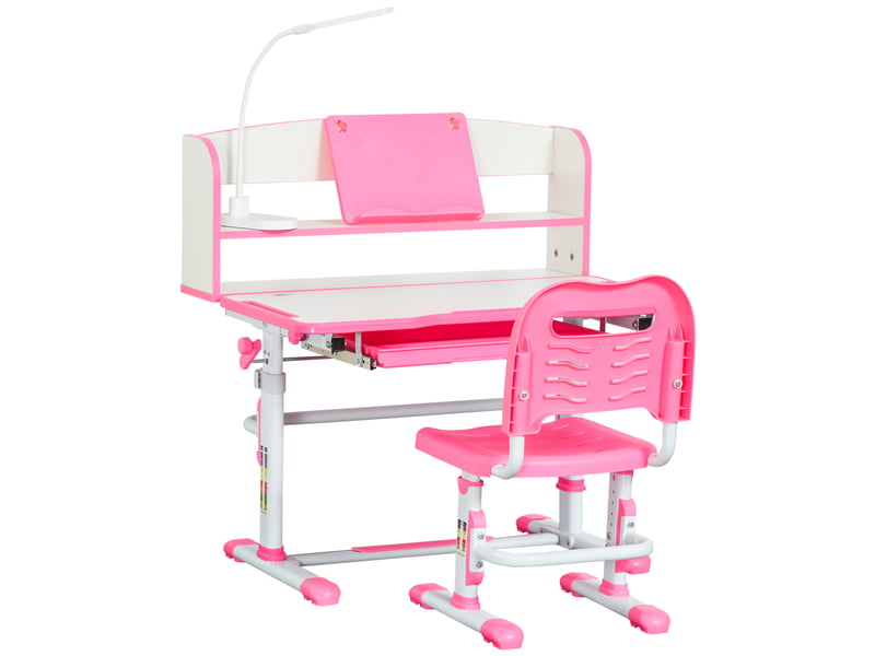  Bureau scolaire réglable pour enfants de 6 à 12 ans avec lumière led, pupitre et porte-stylo, en mdf, pp et acier, rose  - Conforama A