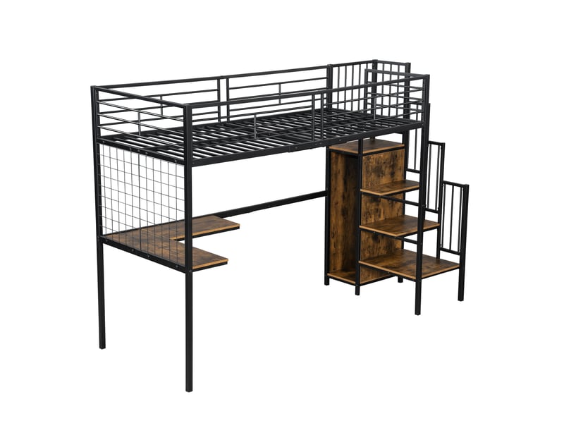  Lit superposé en fer, lit mezzanine, idéal pour enfants et adolescents, avec table et armoire, échelle latérale avec rampe, structure en fer et panneaux de particules, coloris noir et bois foncé, 90 x 200 cm  - Conforama D
