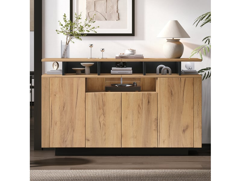  Buffet 140x40x85 cm, 4 portes et niches, commode de rangement pour salon, bureau et salle à manger, aggloméré naturel  - Conforama B