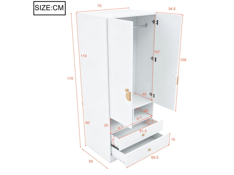  Armoire enfant 2 portes 70 x 50 x 170 cm avec 2 tiroirs et poignées cartoon blanches  - Conforama C