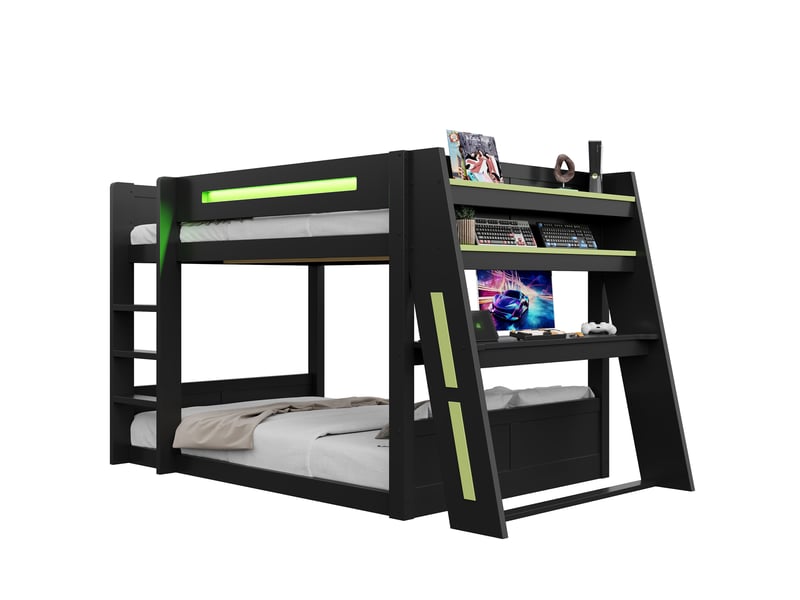  Lit superposé enfant gaming en bois 140x200 cm avec éclairage led, port usb et deux compartiments de rangement noir et vert OPULERANE TRADING LTD - Conforama A