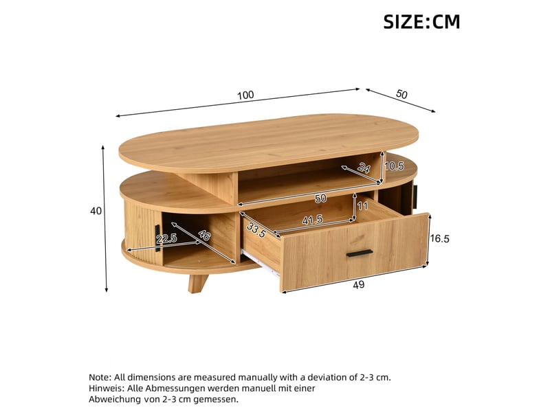 Table basse ovale 100x50x40 cm, 1 tiroir, 2 portes à rideau, rangements ouverts, style nordique, mdf, naturel  - Conforama C