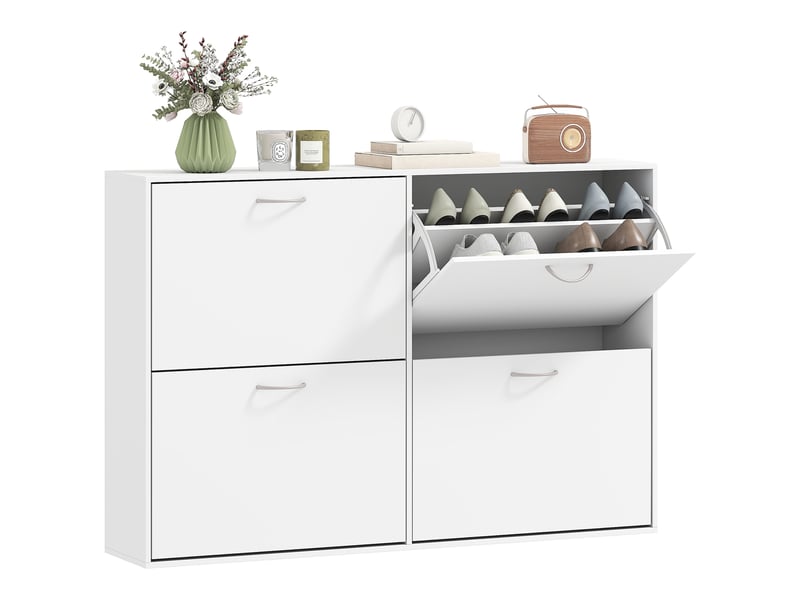  Meuble à chaussures gain de place en bois pour 16 à 24 paires avec 4 tiroirs rabattables dimensions 120x24x81 cm en blanc  - Conforama A