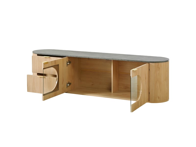  Meuble tv moderne minimaliste avec rangements et vitrine ovale, 172x38x45,5 cm, mdf, aspect bois naturel.  - Conforama E