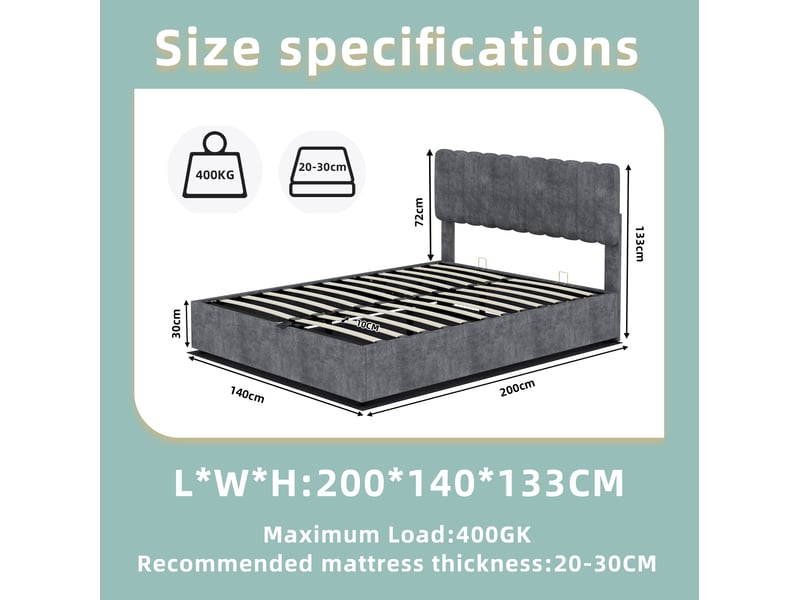  Lit coffre ulevr 140x200 cm avec tête de lit capitonnée, rangement relevable, matelas inclus, velours gris, structure métal  - Conforama C