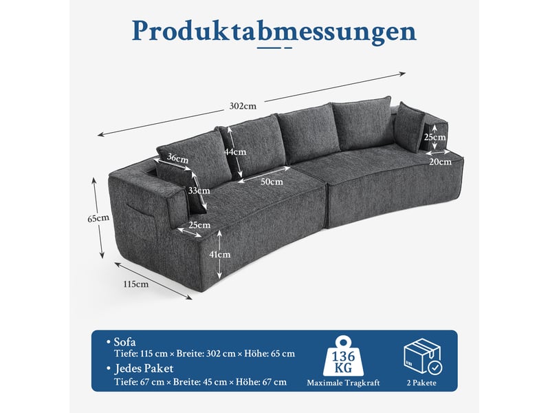  Canapé modulaire incurvé avec assise profonde et dossier à coussins, en velours côtelé gris foncé 302 × 115 × 65 cm  - Conforama E