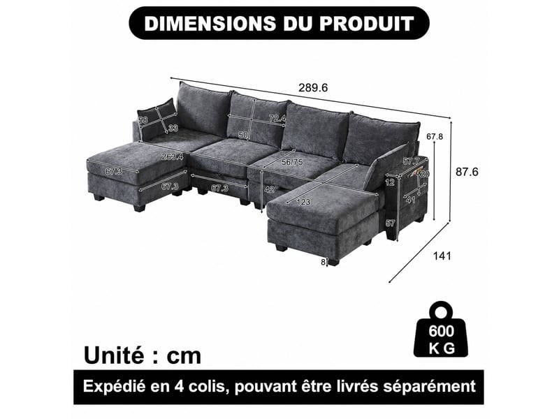  Canapé d’angle, en chenille, u de salon, ottomane coffre, 6 places et méridienne, 87,6x289,6x141 cm, gris  - Conforama C